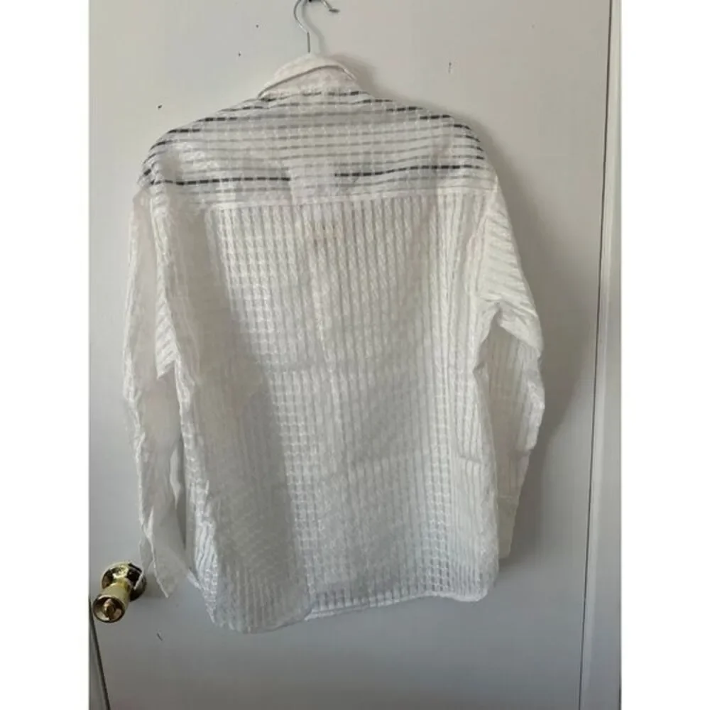 Commense Elegant White Textured Button-Down Shirt Long Sleeve Collared Blouse XS